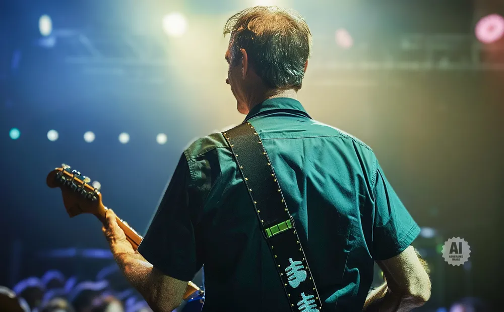 Man playing guitar on stage with bright lights and blurred audience.
