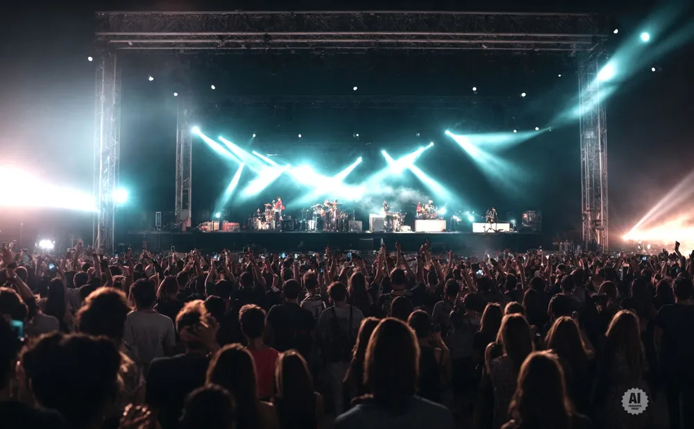 A concert crowd watches a band perform on a brightly lit stage.