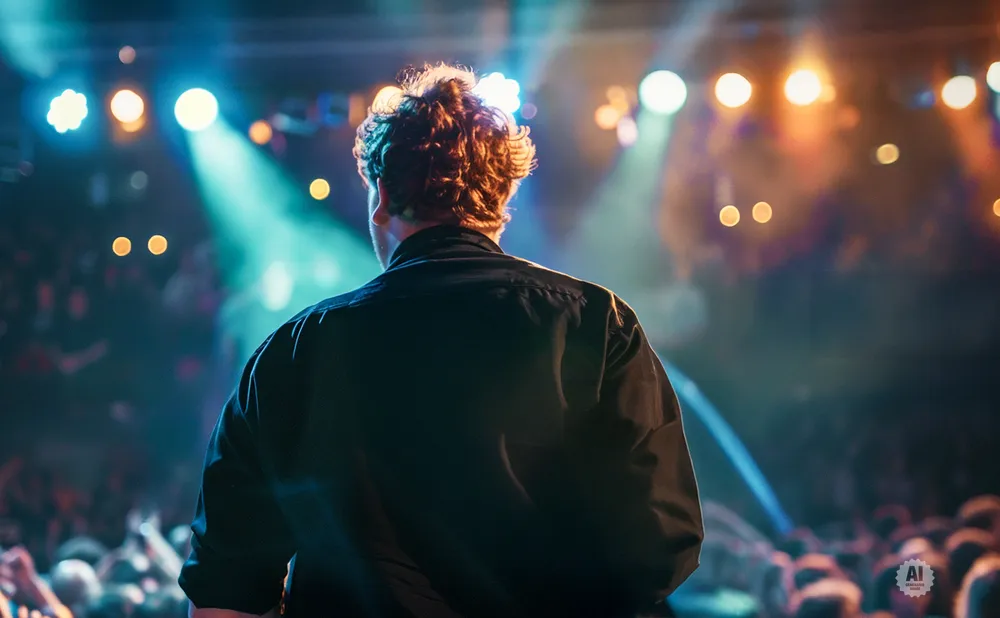 A person with curly hair stands facing a blurred audience and stage lights at a concert.