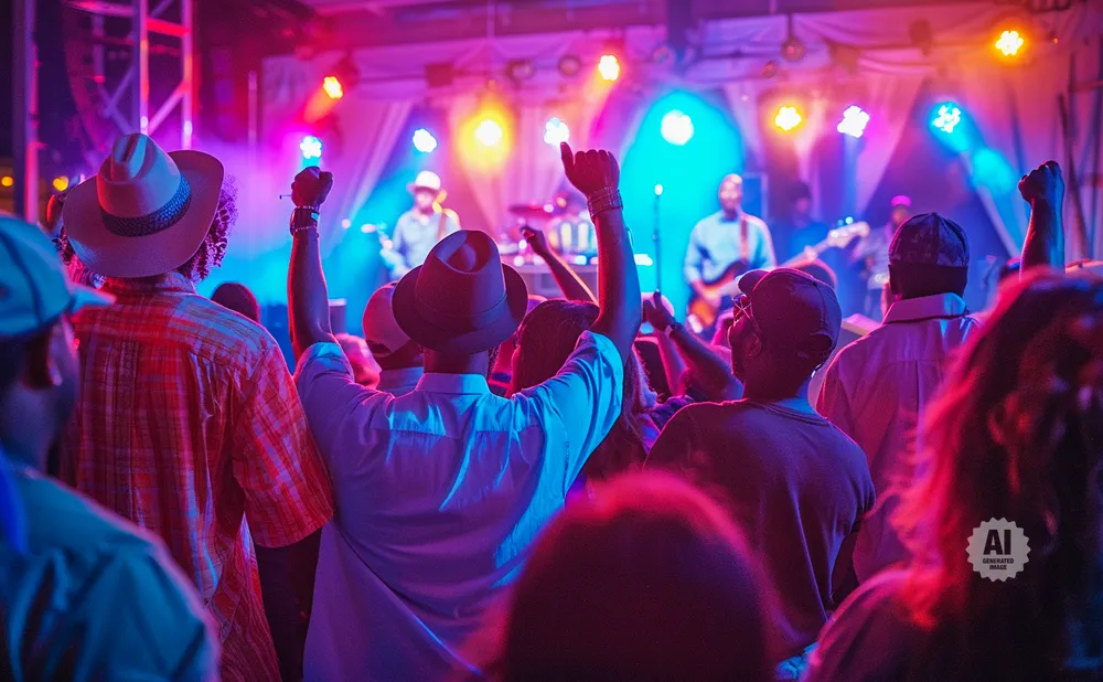 People in hats at a concert, silhouetted against stage lights.