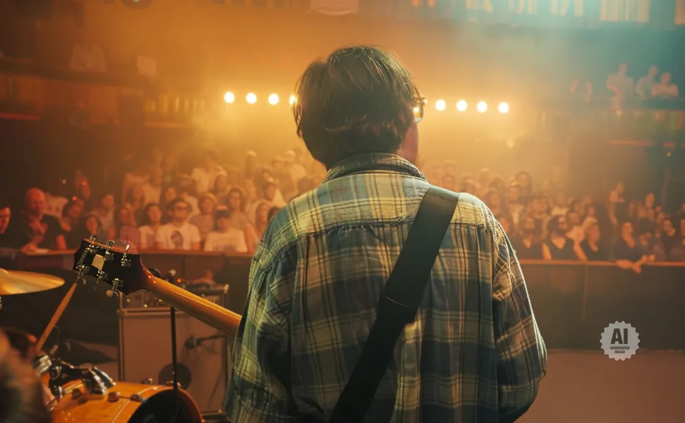 A person in a plaid shirt with a guitar strap stands on stage facing a cheering crowd in a dimly lit venue.