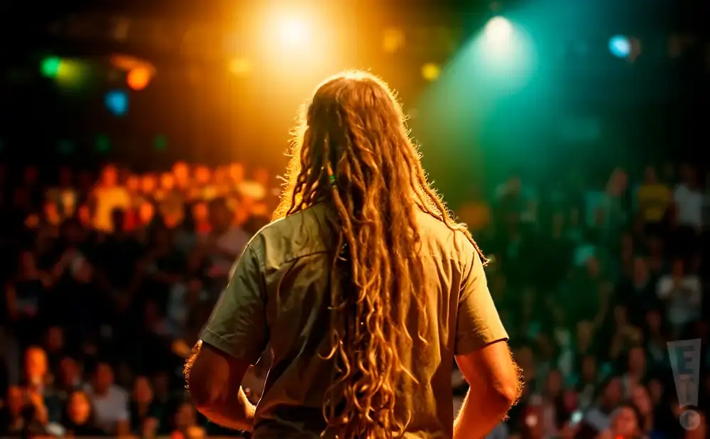 A performer with long dreadlocks faces an audience on a brightly lit stage.