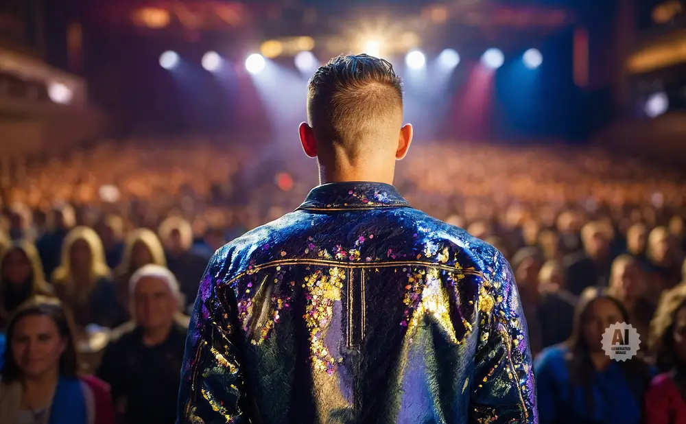 A man in a sparkly jacket faces a large, out-of-focus audience under stage lights.