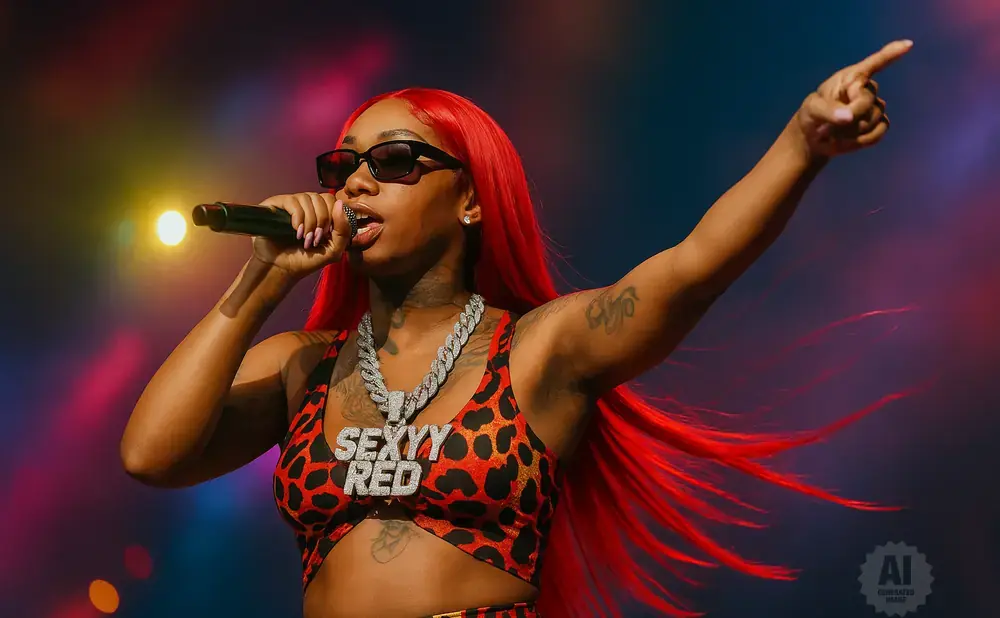 A rapper with red hair, sunglasses, and a leopard print top performs on stage.
