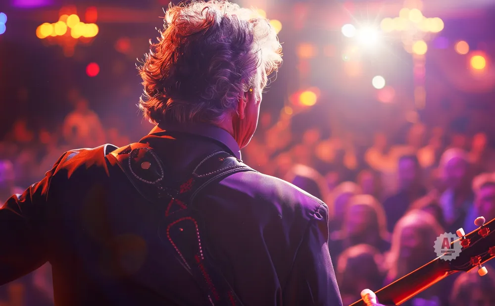 Musician with guitar on stage facing a crowd, illuminated by stage lights.