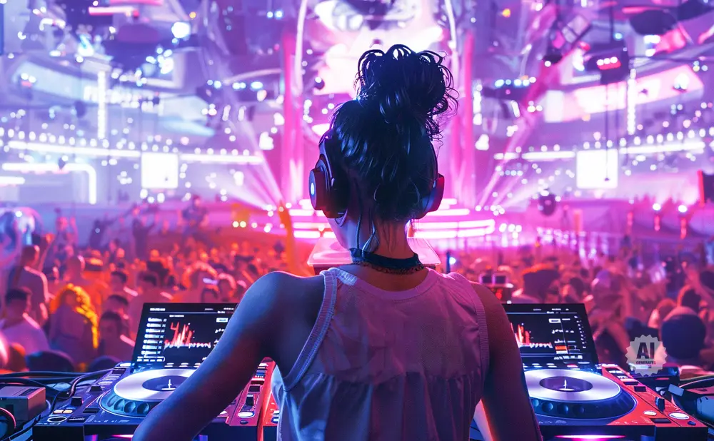 DJ playing music for a crowd at a vibrant, neon-lit club.