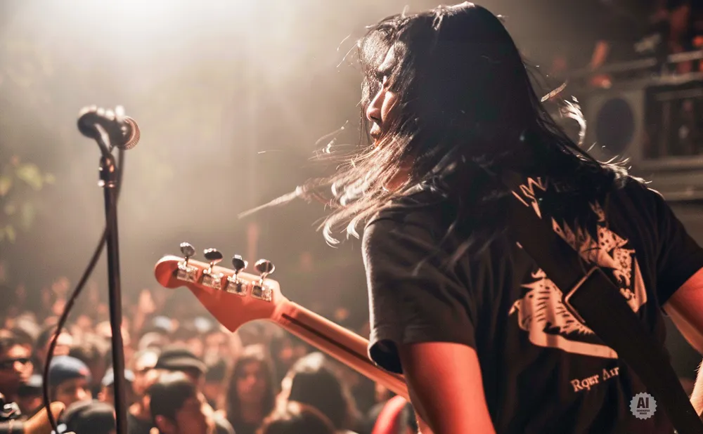 A long-haired person plays a guitar on stage with a microphone stand, facing a blurred crowd.