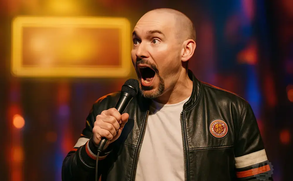 A bald comedian with a goatee holds a microphone and speaks into it with his mouth open in surprise.