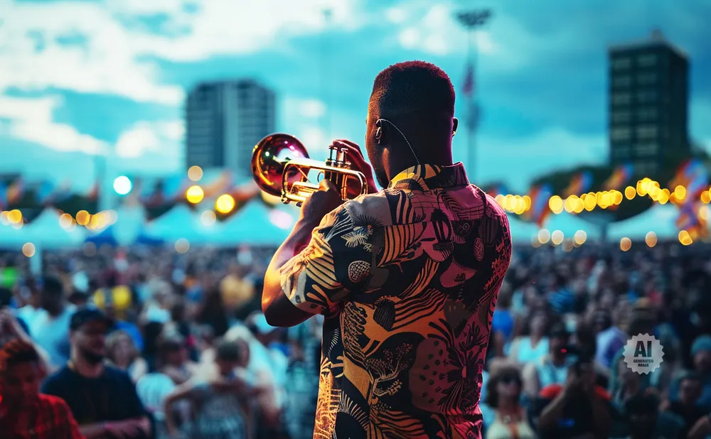 A musician plays the trumpet on stage at a festival, with a blurred crowd in the foreground and city buildings in the background.