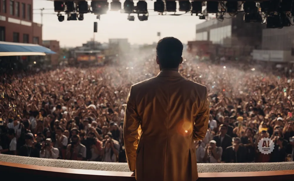 A person in a golden suit stands before a large, cheering crowd at an outdoor concert.