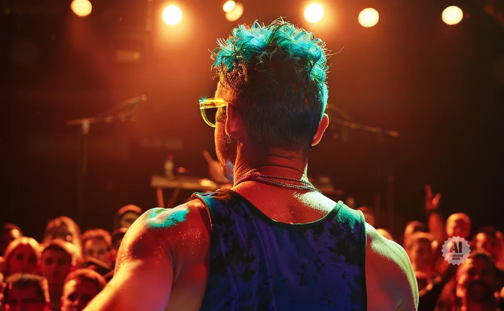 Man with blue hair and sunglasses on stage, back to camera, performing for a crowd.