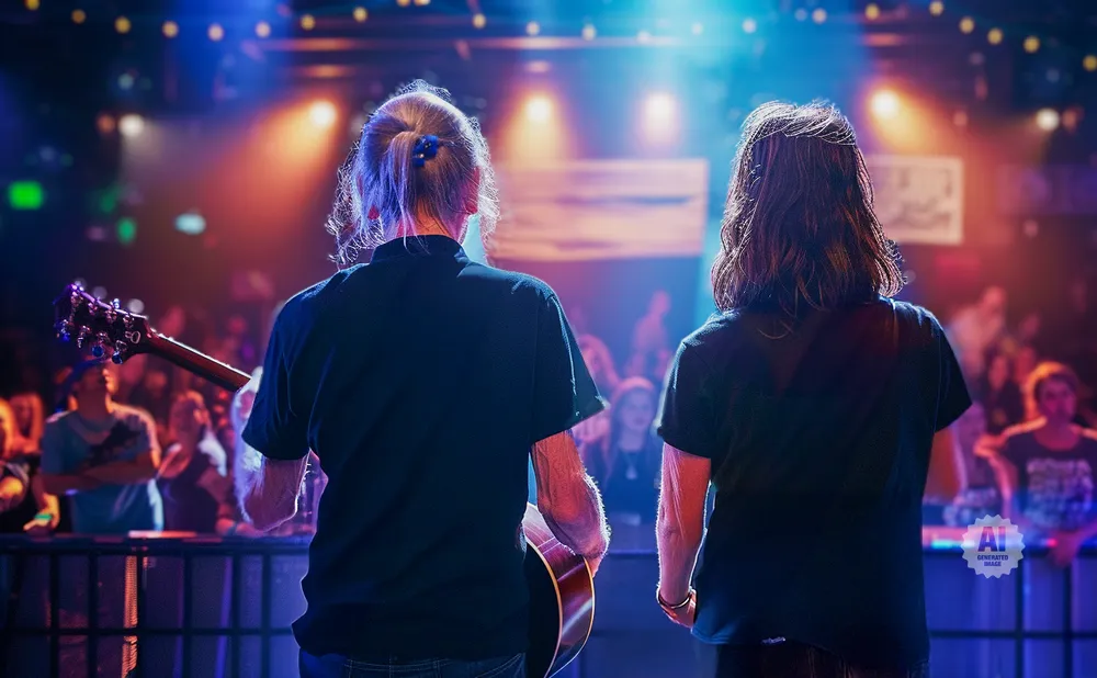 Musicians on stage with guitars, performing for a crowd.