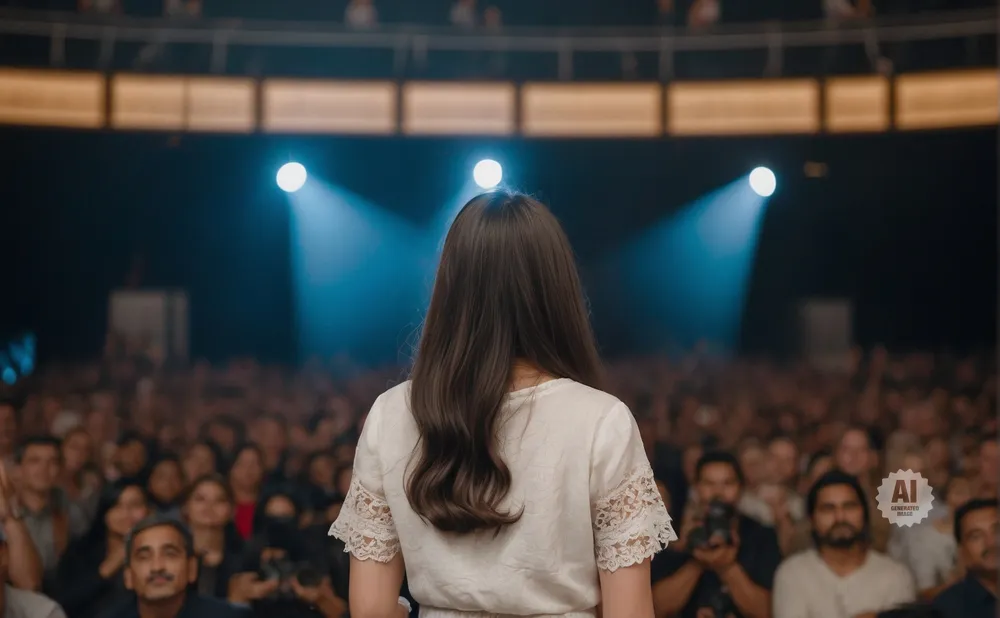 Woman with long brown hair in a white lace-trimmed dress faces a crowd under stage lights.