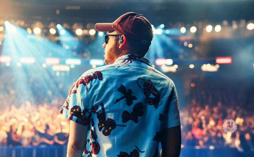 Man in a floral shirt on stage with a crowd and bright lights.