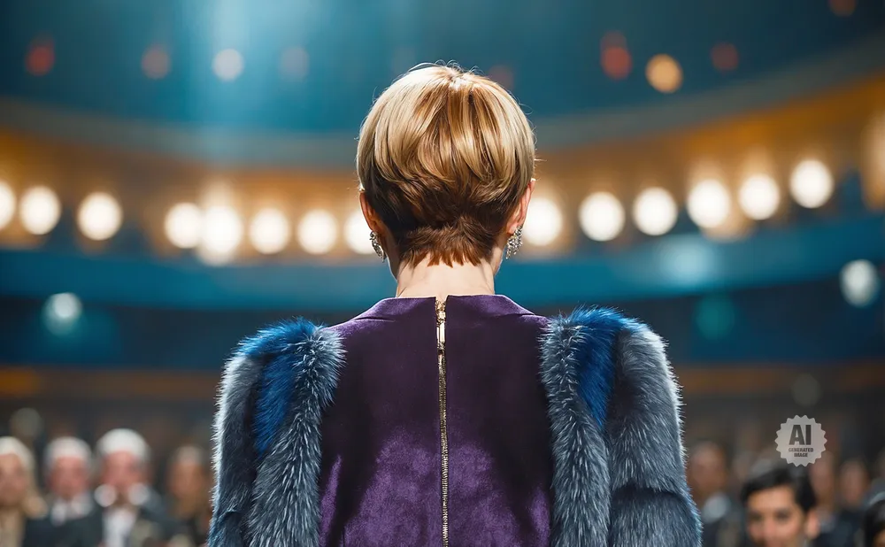 Woman in purple dress with fur trim and short blonde hair seen from behind, facing an audience.