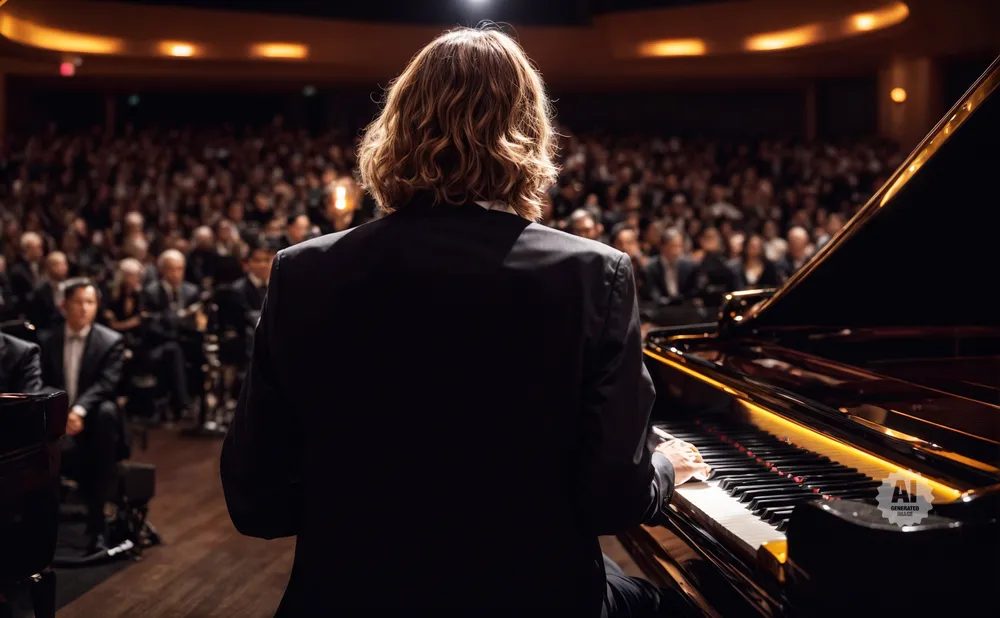 A pianist plays a grand piano to a large audience in a concert hall.