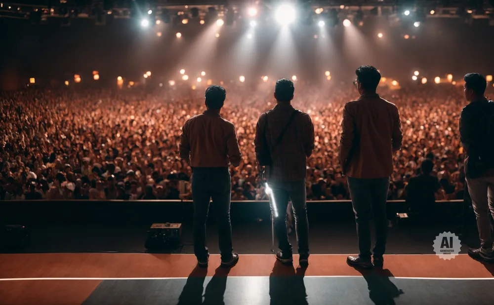 Four men stand on a stage facing a large, cheering audience at a concert, bathed in stage lights.