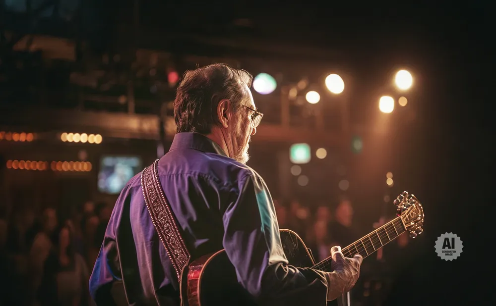 Man playing guitar on stage, with bokeh lights in the background.