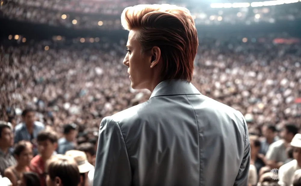 A man with red hair in a light blue suit stands with his back to the camera, facing a large crowd.