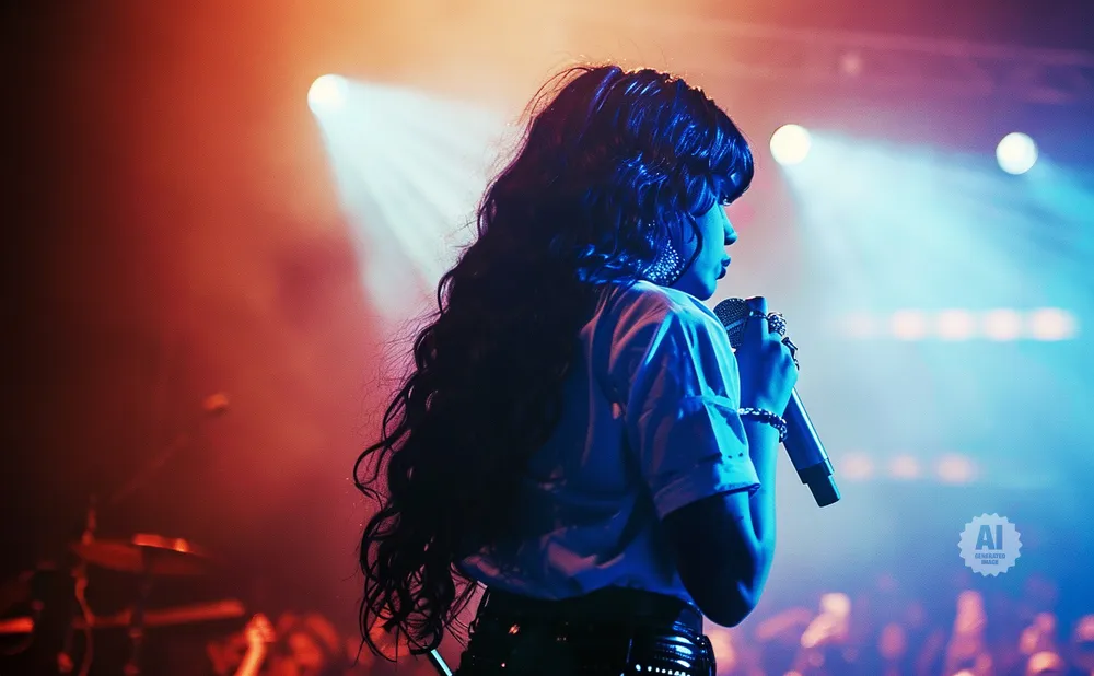 A woman with long, dark, wavy hair sings into a microphone on a stage lit with blue and orange spotlights.
