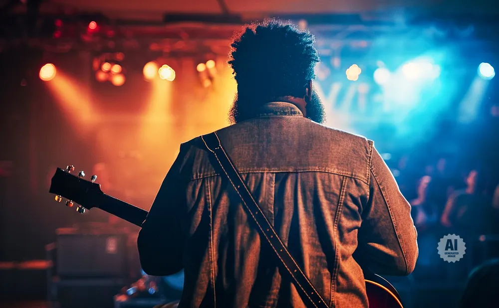 A musician seen from behind plays a guitar on a stage with colored lights.