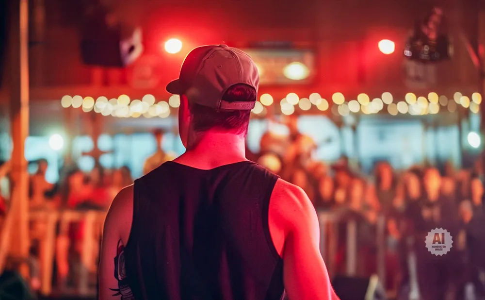 Man in a baseball cap and tank top faces away from the camera on a stage, with a blurred audience and red lights in the background.