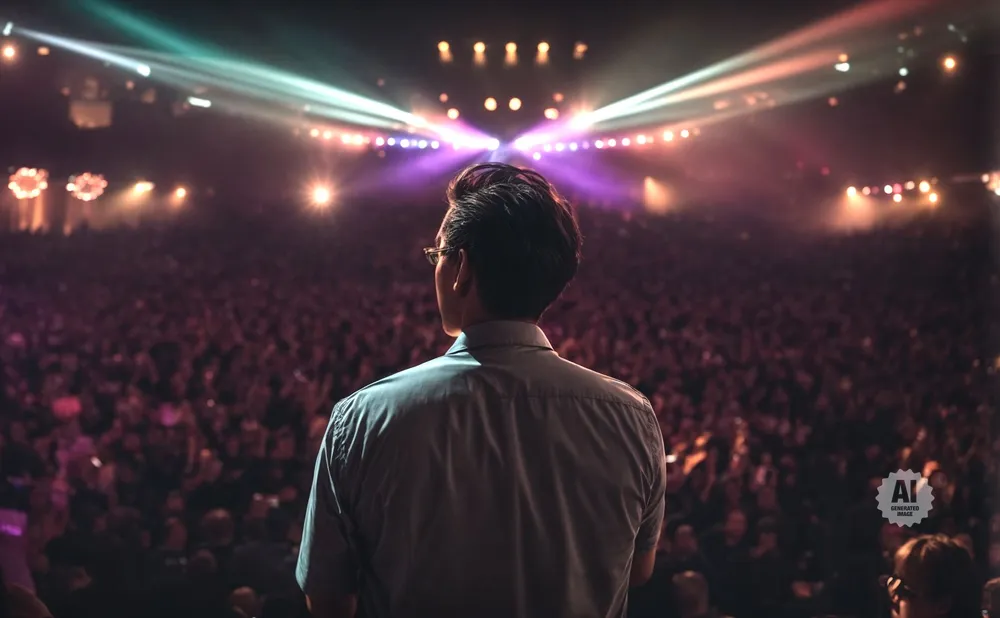 Man on stage facing a cheering crowd under stage lights.