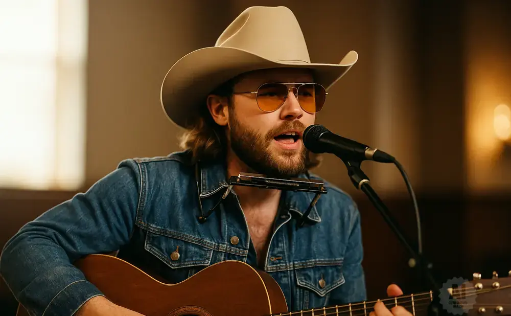 A man in a cowboy hat and denim jacket plays guitar and harmonica into a microphone.