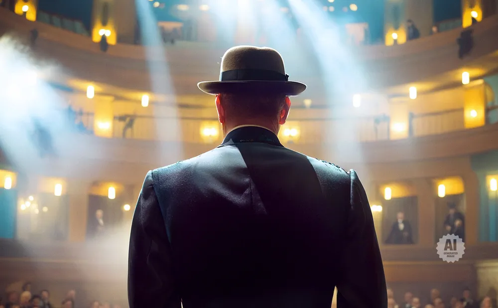 Man in a fedora and suit stands on a stage facing an audience, spotlighted in a vintage theater.