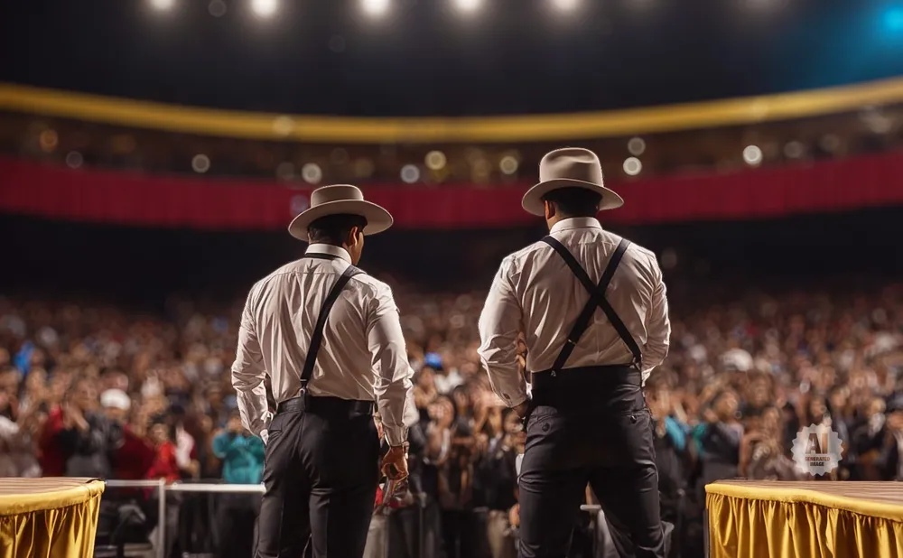 Two men in white shirts, suspenders, and hats stand on a stage facing a large audience.