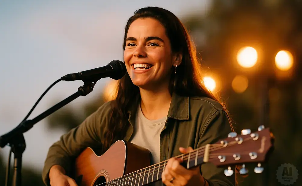A woman with long, dark hair smiles while playing an acoustic guitar and singing into a microphone.