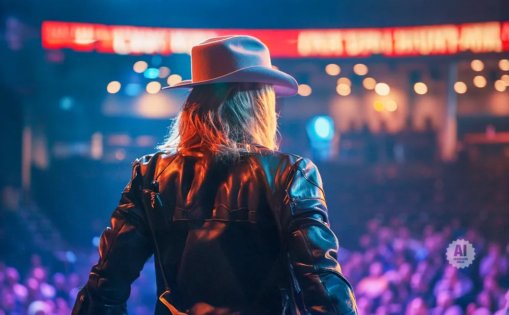 A person in a hat and leather jacket on a stage, facing away from the camera, with a blurred crowd in the background.