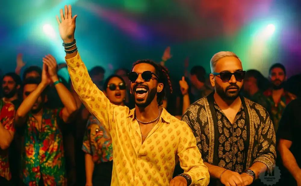 A group of people are dancing at a concert, illuminated by colorful lights. One man in the foreground is raising his hand.