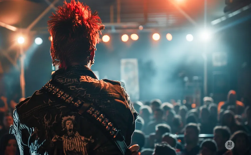 A punk rocker with a red mohawk on stage, facing a crowd at a concert.