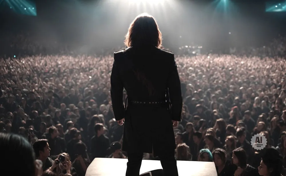 A performer in a long black coat stands on a stage facing a large, cheering crowd under bright stage lights.