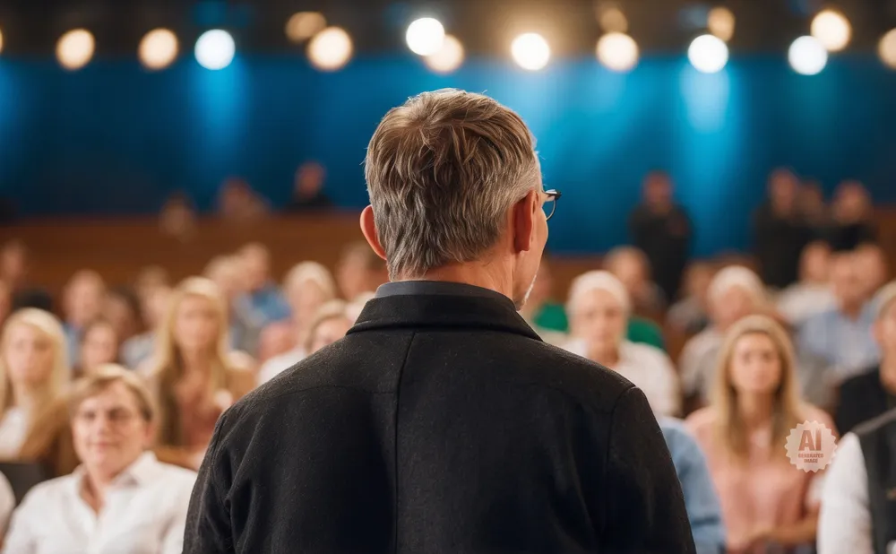 Back view of a man speaking to a blurred audience in an auditorium with bright lights.
