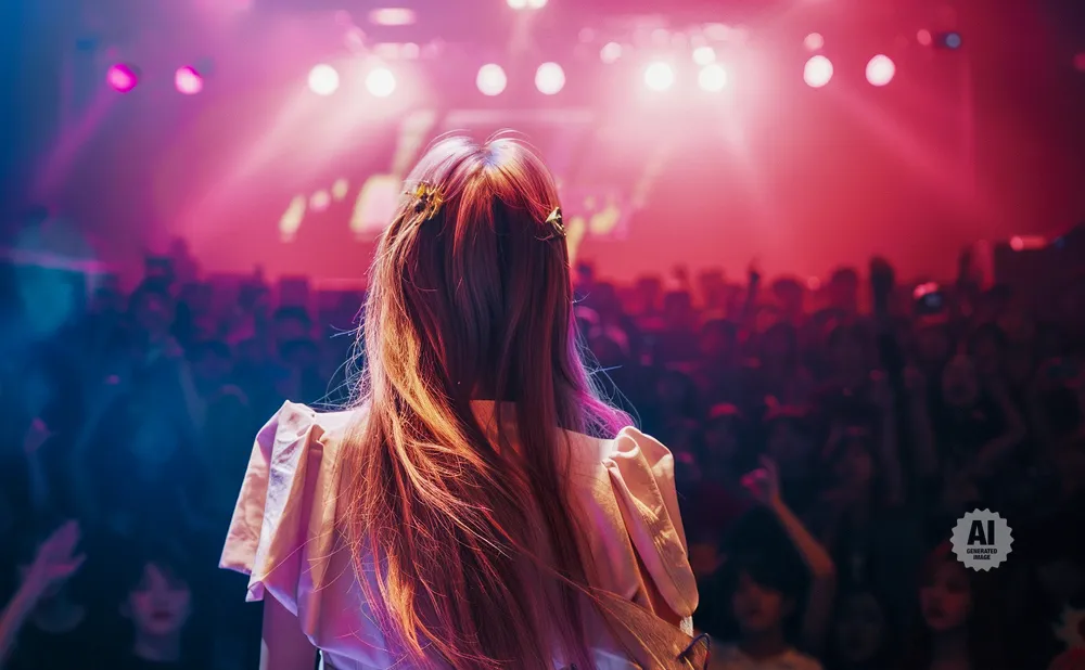 A woman with long, light brown hair, decorated with gold clips, stands with her back to the camera, facing a cheering crowd under pink stage lights.