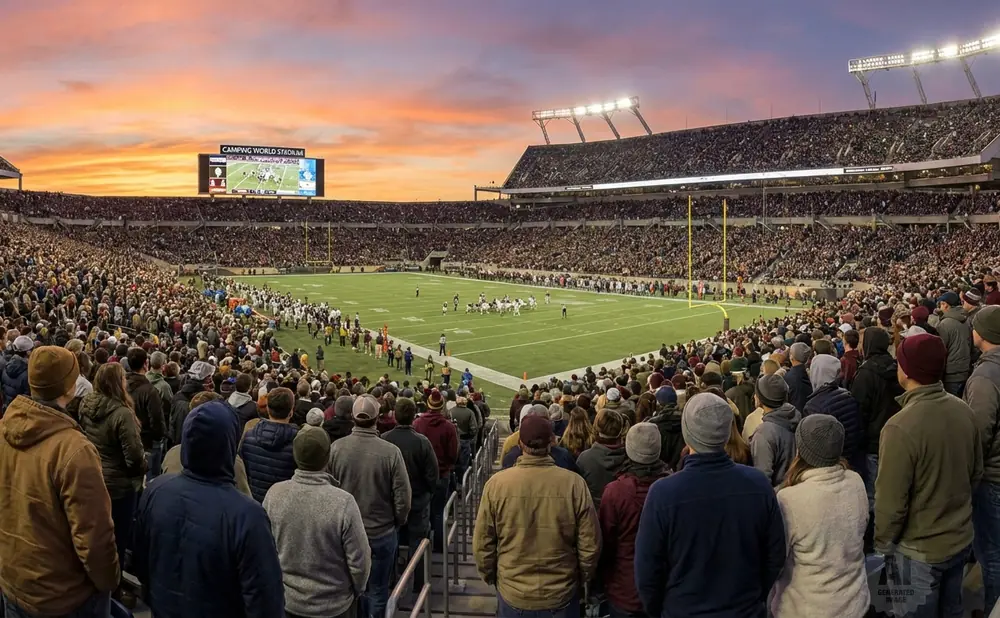 Crowd watching a football game at Camping World Stadium during sunset.