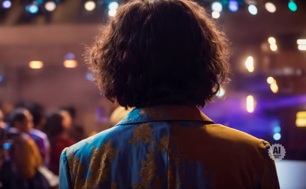 Back view of a person with curly hair wearing a patterned jacket, facing a blurry crowd and stage lights.