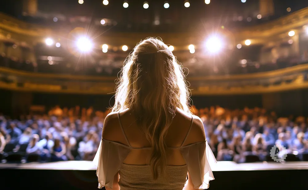 Woman with long blonde hair facing a large, blurred audience in a brightly lit theater.
