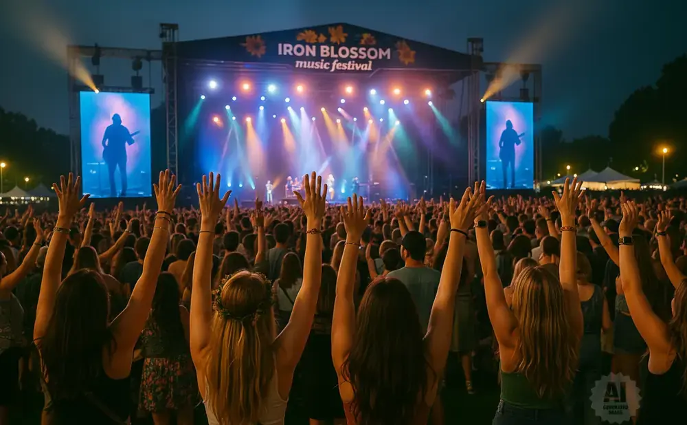 Crowd with hands raised at an outdoor music festival at dusk, with a stage lit by colorful lights.