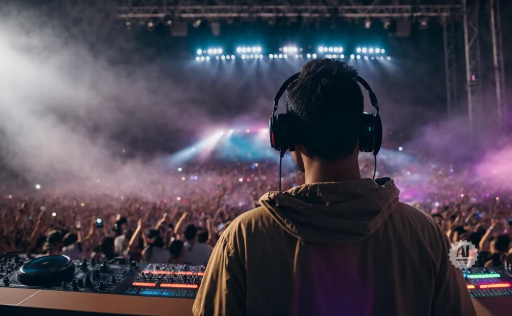 DJ in headphones at a lively concert, with a packed crowd and stage lights.
