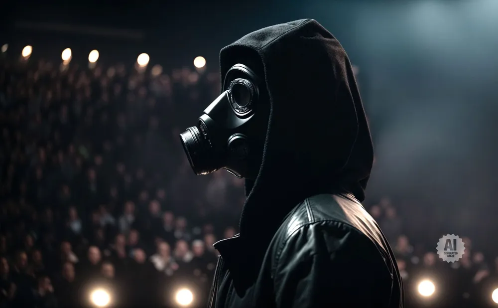 A person in a black gas mask and hooded jacket stands before a blurred audience.