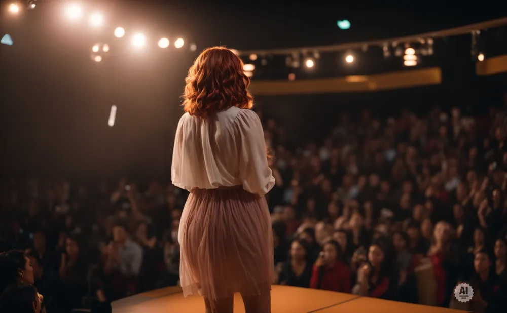 Woman with auburn hair in a white shirt and pink skirt speaks to an audience under bright stage lights.