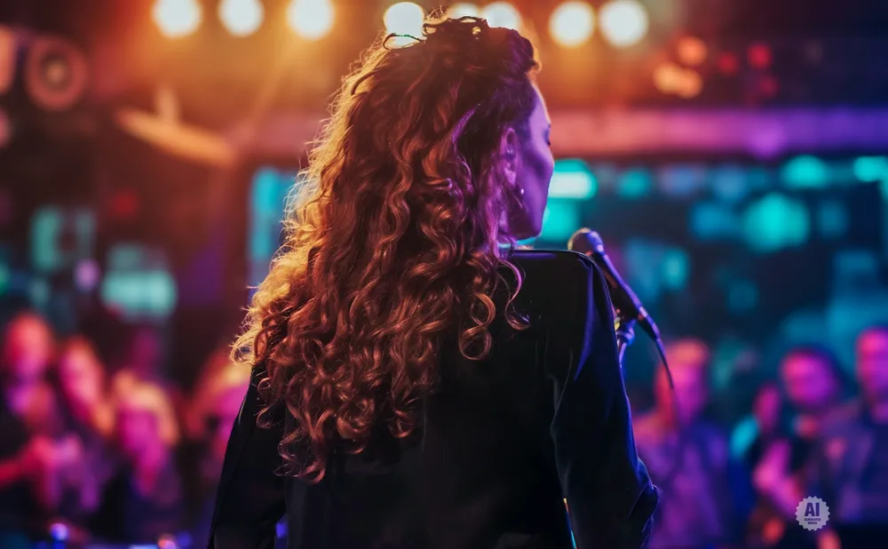 A woman with curly red hair sings into a microphone on a dimly lit stage with colorful lights.
