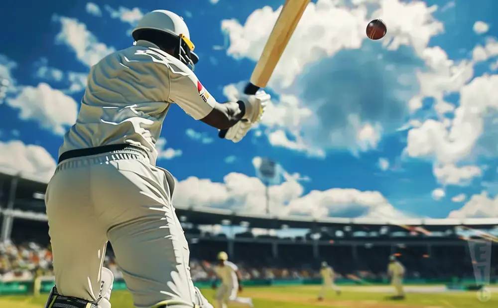 A cricket batsman swings at a ball in a stadium.