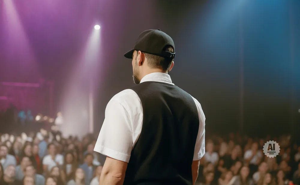 Man wearing a black baseball cap and vest stands on stage facing a large, blurred audience.