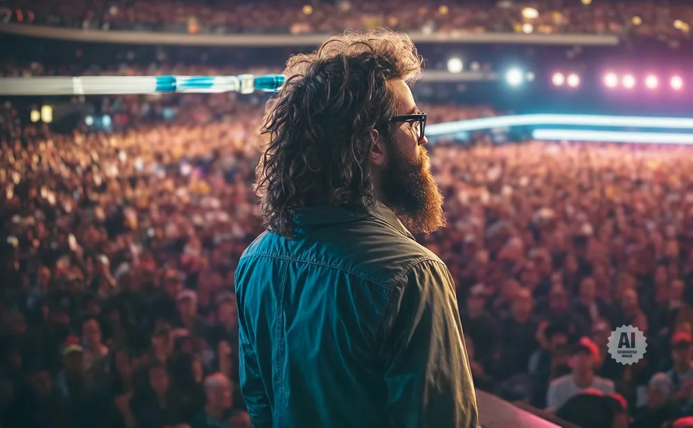 Man with beard and curly hair on stage facing a cheering crowd.