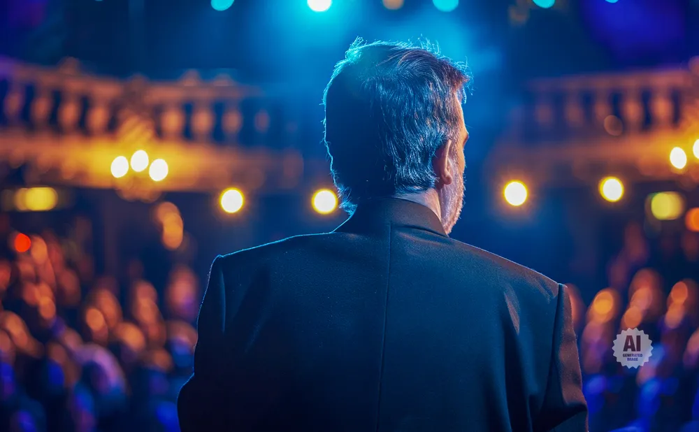 Back view of a man in a suit on stage, addressing a blurred audience under bright blue and yellow lights.
