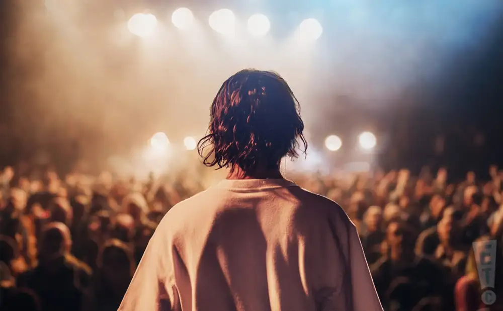 Person on stage facing a large, cheering crowd under bright lights.
